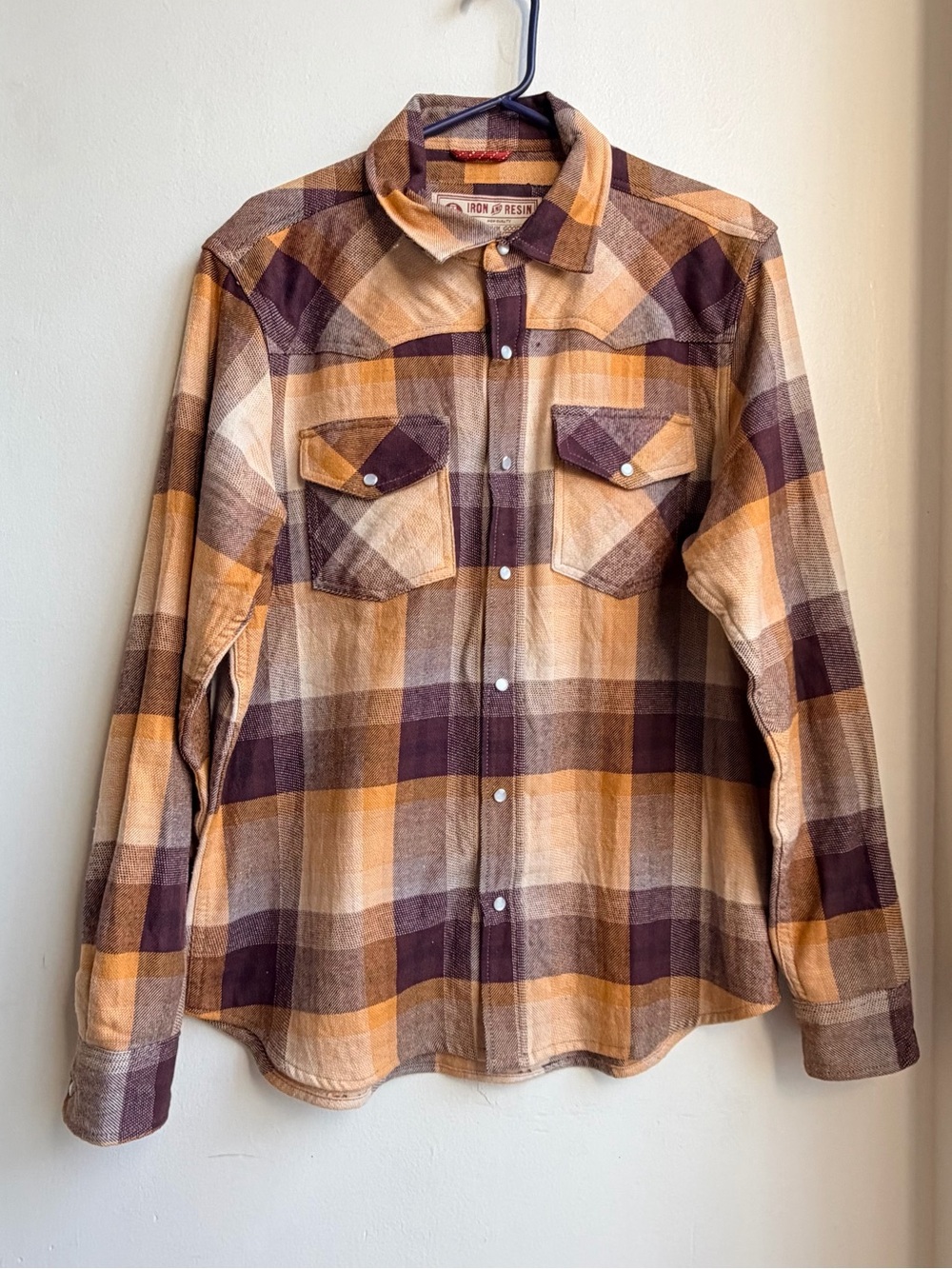 Iron and Resin Men Size Medium Plaid Flannel Pearl Snap Shirt Yellow Burgundy
